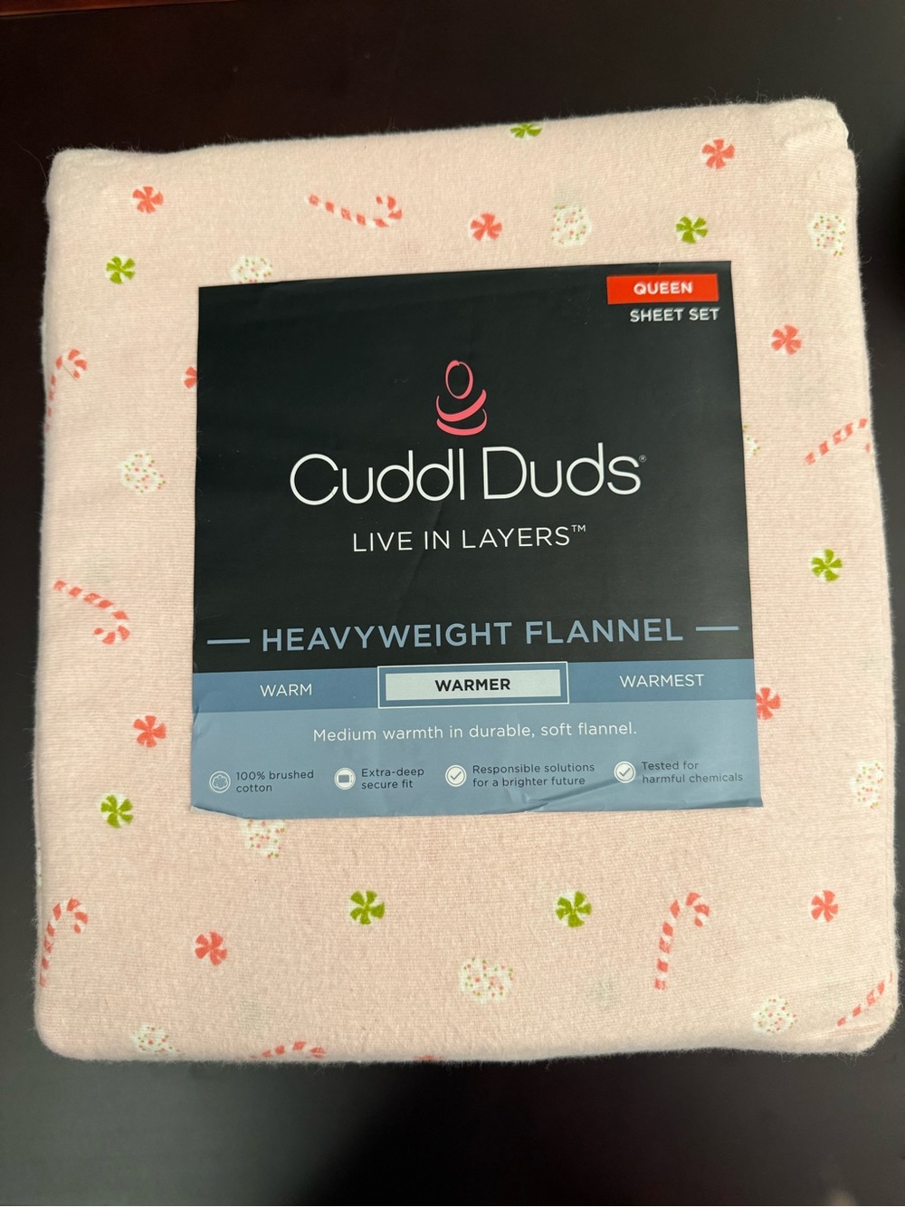 Cuddl Duds Pink Candy Print Heavyweight Flannel Queen Sheet Set